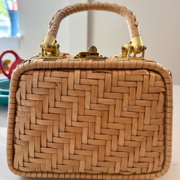 Vintage Lesco Rattan Box Handbag Top Handle Purse Hong Kong Gold Hardware - Picture 3 of 10